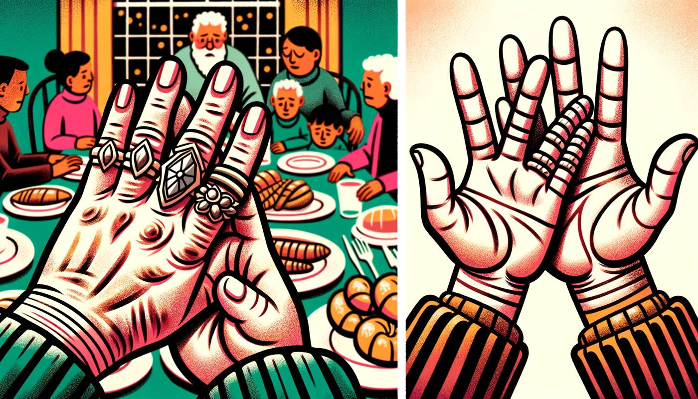 DALL-E 3 illustration for paragraph 2: dinner table, studying family hands