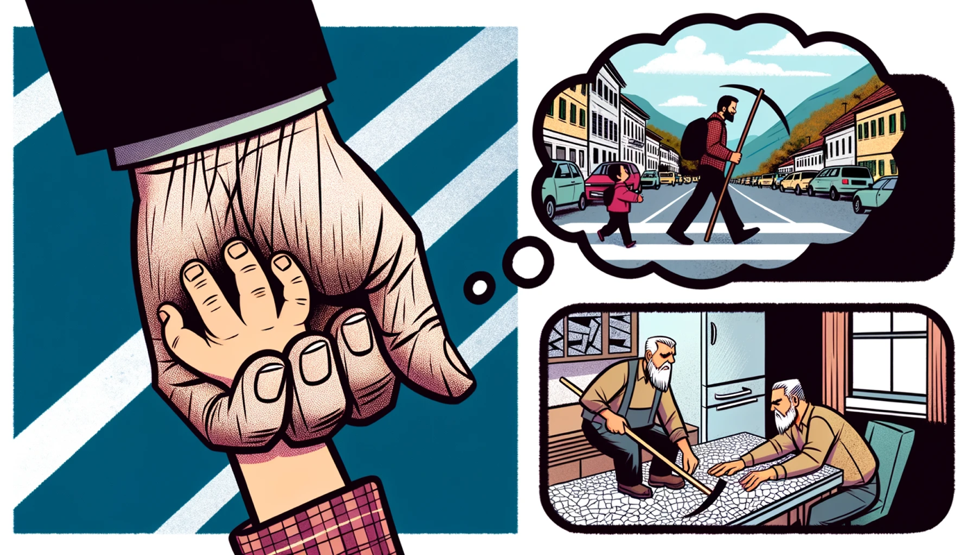 DALL-E 3 illustration for paragraph 3: father's calloused hands, scythe